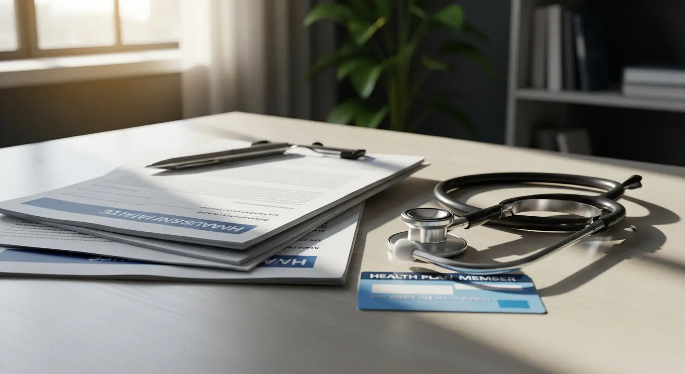 Krankenversicherungsdokumente und ein Stethoskop auf einem Schreibtisch